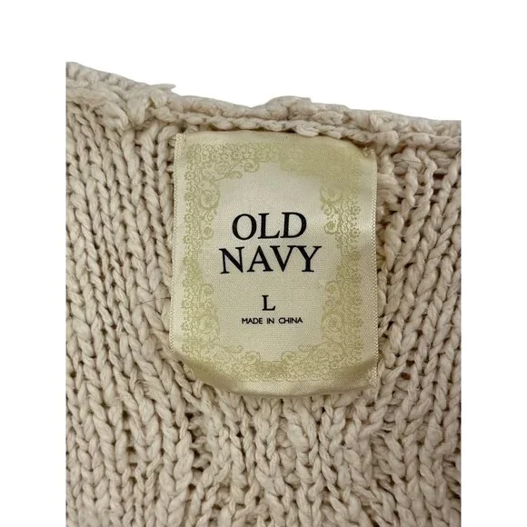 Vtg Y2K Old Navy Cream Cable Knit Faux Shearling Trim Hooded Boho Sweater Vest L - Picture 14 of 16